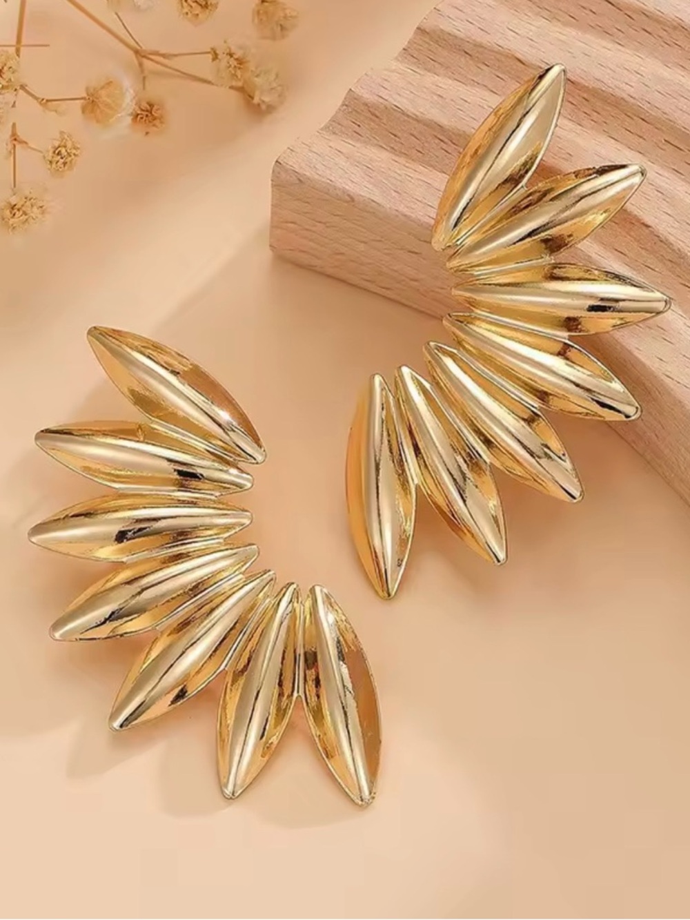 Gold Leaf Flower Dangle Earrings Bold Statement Jewelry - Picture 4 of 4